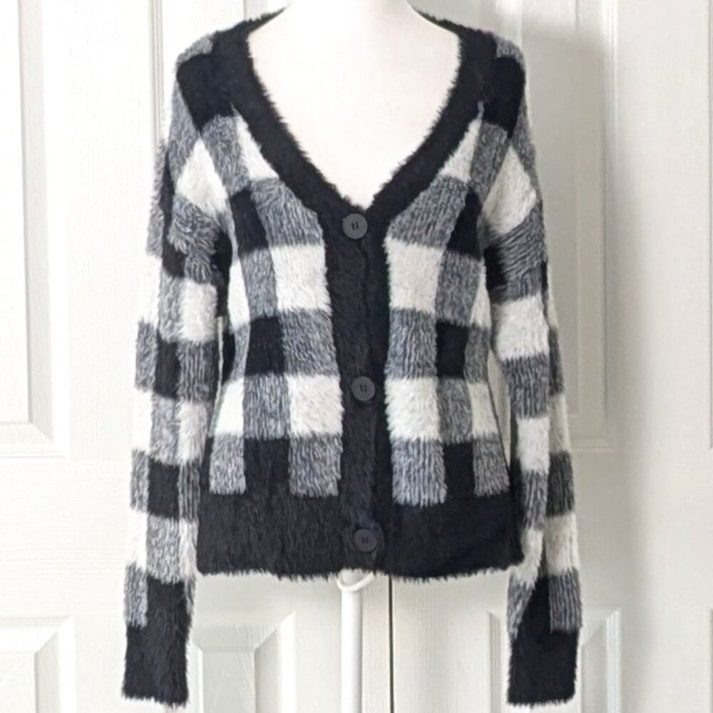 BELLA DAHL Women's Cardigan Sweater Size S Black White Plaid NWOT